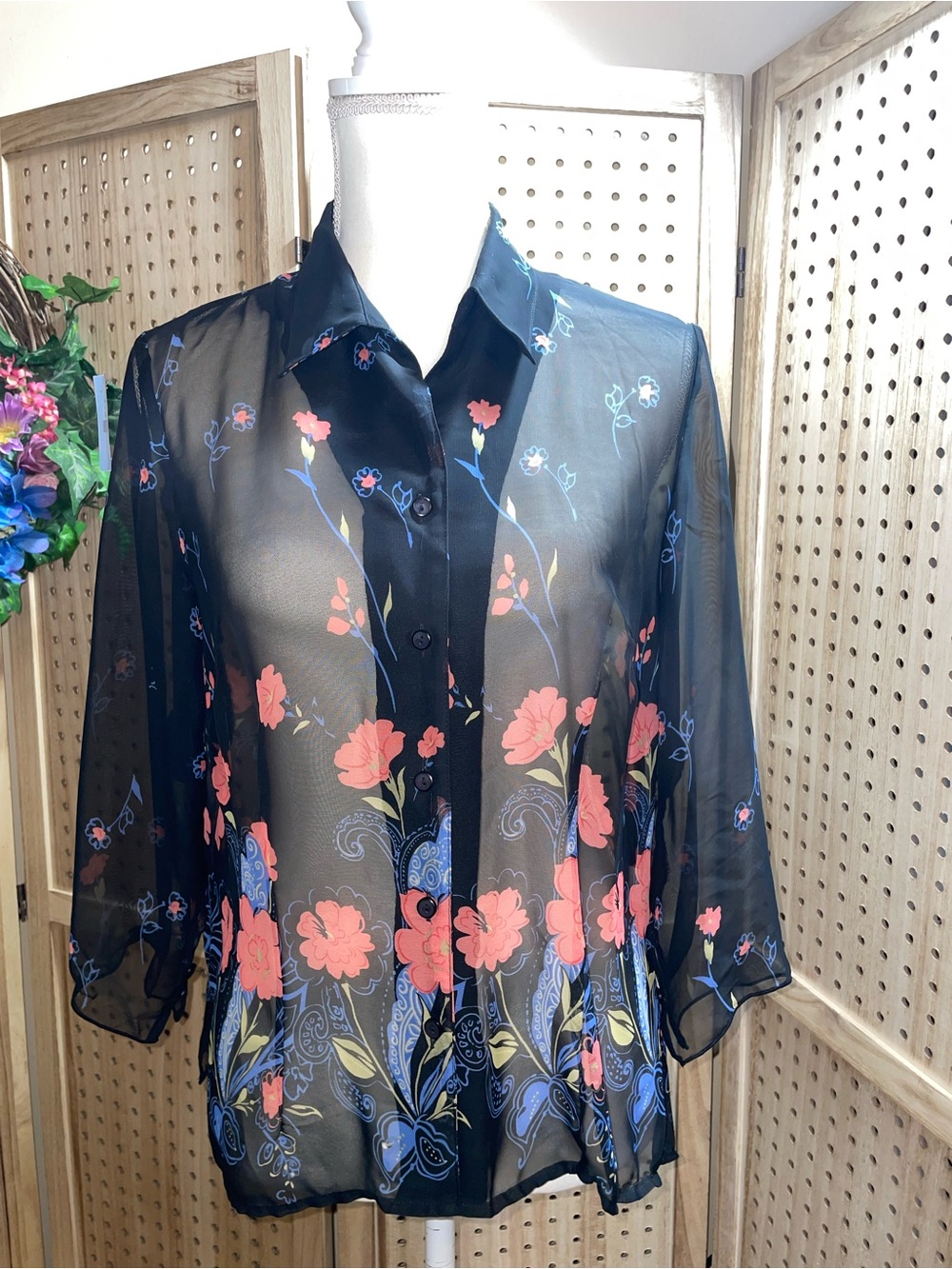 Notations Black Sheer Floral Button-Up Blouse with Pink and Blue Blooms